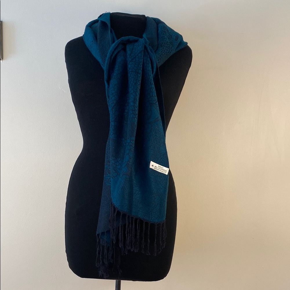 Blue teal cashmere Scarf with Black Fringe